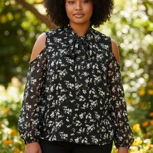 torrid Black Floral Cold-Shoulder Tie-Neck Blouse